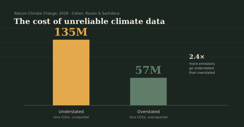 Bar chart comparing underreported (135 million tons) vs. overreported (57 million tons) corporate emissions